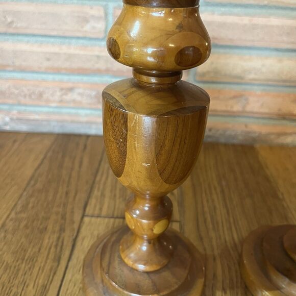 Vintage Hand Turned Mixed Wooden Candle Stick Holders 9” Boho - Picture 4 of 7